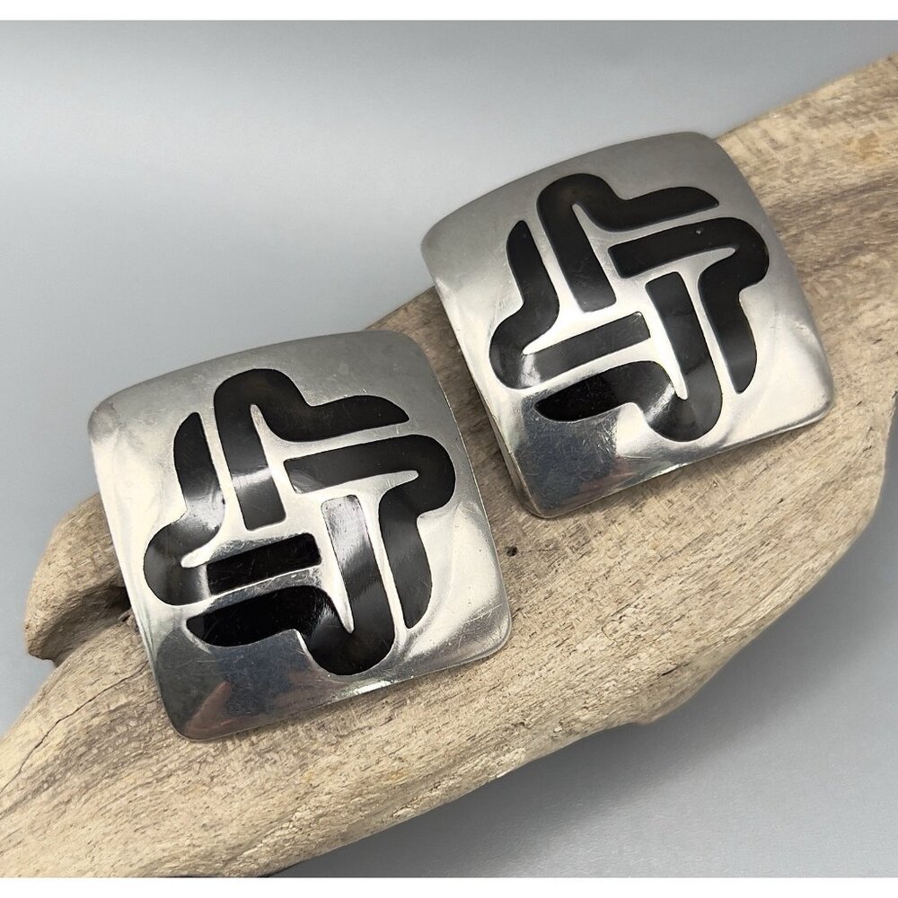 Vintage TAXCO Artisan Sterling Silver Black Enamel Geometric Earrings